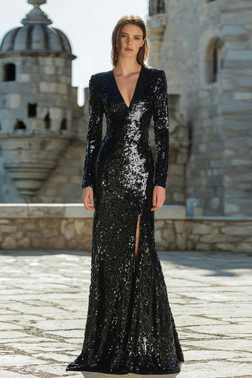 Sparkly Black Mermaid Long Sleeve Maxi Evening Dress With Slit